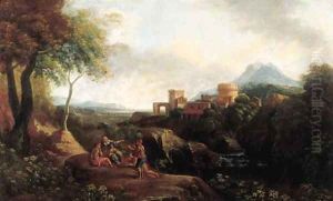 Shepherds on a cliff overlooking a river, a town on a hilltop beyond, in an Italianate landscape