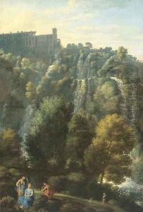 The Falls of Tivoli with the Villa of Maecenas and herdsmen by Jan Frans Van Bloemen (Orizzonte)
