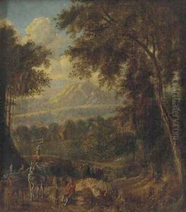 A mountain landscape with travellers on a wooded track