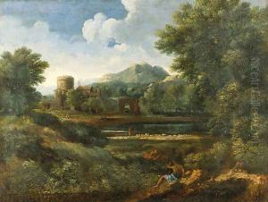An extensive Italianate landscape with shepherds by a river