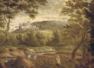 An Italianate landscape with figures by a lake, a town beyond