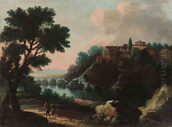 Travellers before a waterfall in a river landscape; and Peasants on a path in a river landscape with a town beyond - view 1