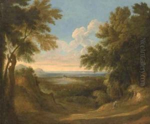 A wooded landscape with two figures in the foreground by Jan Frans Van Bloemen (Orizzonte)