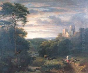 Figures resting in a wooded Valley with a derelict Church on a Hilltop Figures resting in a wooded Valley with a derelict Church on a Hilltop