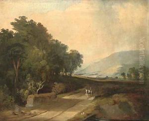 A horse and cart on a track in an extensive river valley by James Arthur O'Connor