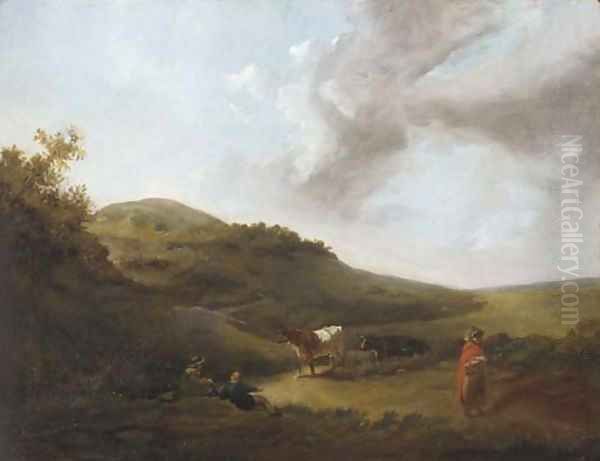 Figures and cattle on a hillside track - view 1