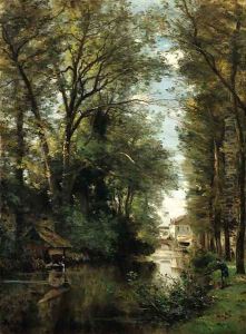 Figures along a wooded canal by Achille-Francois Oudinot