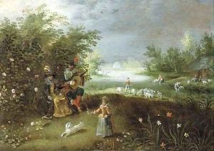 Elegant company making music in a garden, a landscape beyond by Isaac Van Oosten