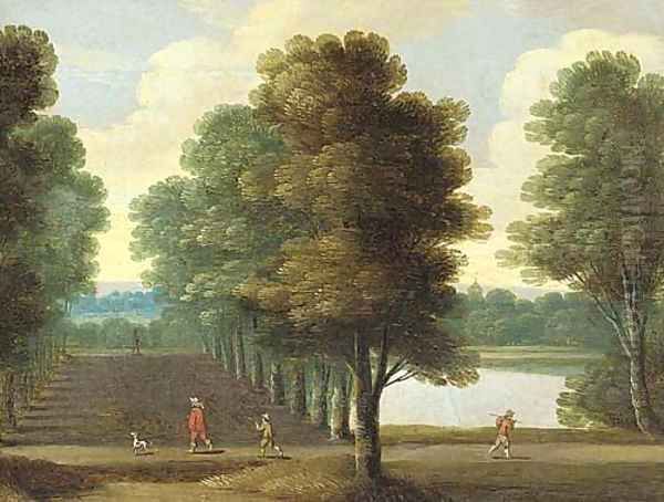A wooded landscape with an elegant traveller in an avenue of trees by a lake - view 1