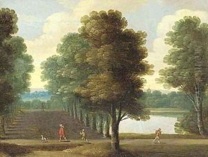 A wooded landscape with an elegant traveller in an avenue of trees by a lake by Isaac Van Oosten