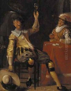 Cavaliers drinking and smoking in a tavern by Jan Olis