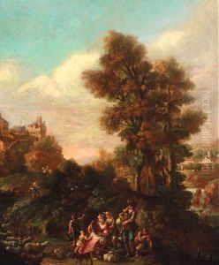 An Italianate landscape with shepherds making music by a river, a hilltop town beyond by Pietro Domenico Oliviero