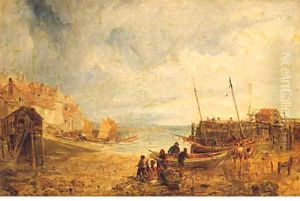 Fisherfolk Unloading The Catch In A Busy Harbour by John Wright Oakes
