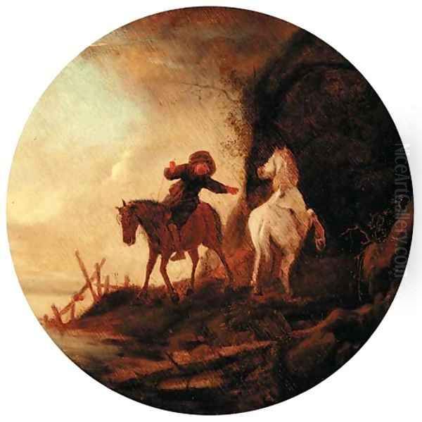 A wooded landscape with a boy and two horses - view 1