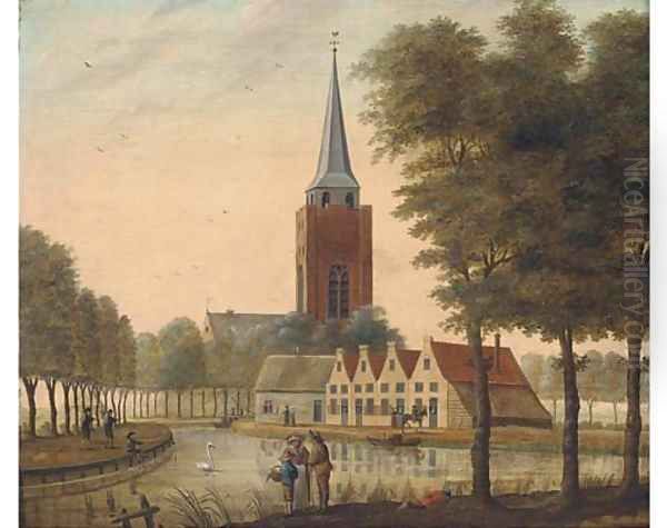 A canalside town with figures fishing and discoursing in the foreground - view 1