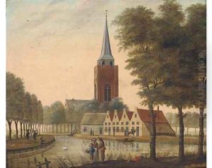 A canalside town with figures fishing and discoursing in the foreground by Isaak Ouwater