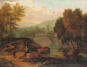 An Italianate landscape with figures conversing on the banks of a river, mountains beyond