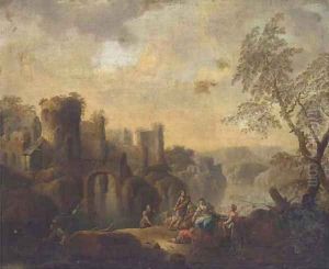 A landscape with fisherfolk hauling in nets, a town beyond