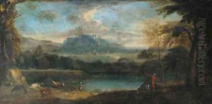 An extensive mountainous landscape with cattle by a pool by Jan Frans Van Bloemen, Called Il Orrizonte