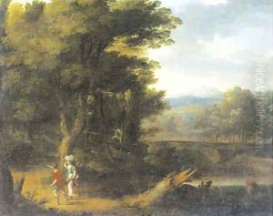 A classical landscape with figures on a track by Jan Frans Van Bloemen, Called Il Orrizonte