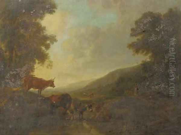 A landscape with shepherds and their cattle by a creek - view 1