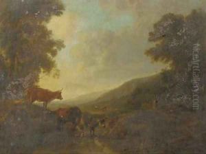 A landscape with shepherds and their cattle by a creek by Balthazar Paul Ommeganck