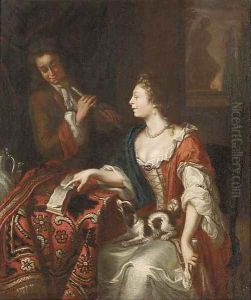 An elegant couple playing music in an interior by Jacob Ochtervelt