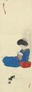 Beauty Admiring Her Cat by Kobayashi Kiyochika