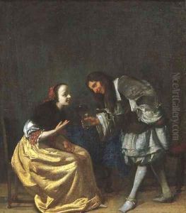 An officer offering a glass of wine to a lady seated by a table in an interior by Jacob Ochtervelt