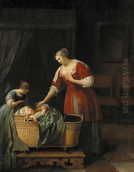 A mother watching over her sleeping baby, with her sister, in an interior - view 1