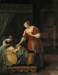 A mother watching over her sleeping baby, with her sister, in an interior