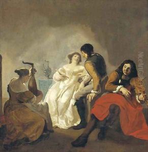 Elegant company making music in an interior by Jacob Ochtervelt