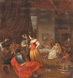 An interior with elegant figures playing backgammon and making merry