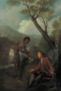 A moor servant offering fruit to a gentleman seated by a tree in a mountainous landscape by Jean-Baptiste Oudry
