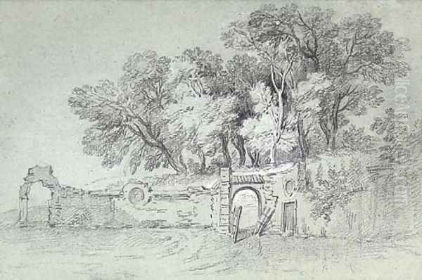A ruined garden wall by a copse of trees, perhaps in the gardens at Arcueil - view 1