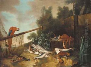A barrel with a spider crab and fish by Jean-Baptiste Oudry