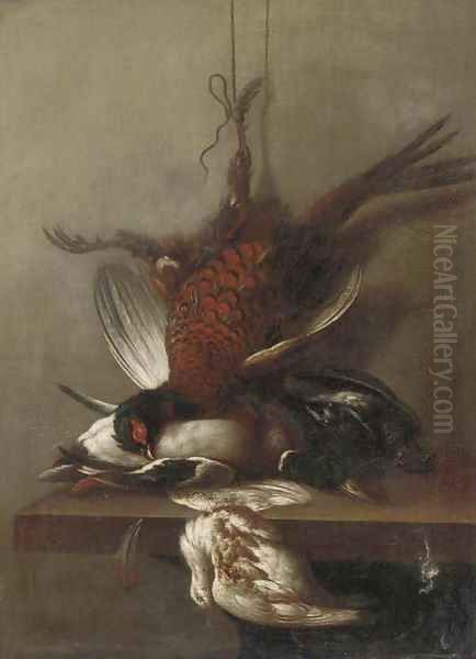 A pheasant, a duck and other dead game on a ledge - view 1