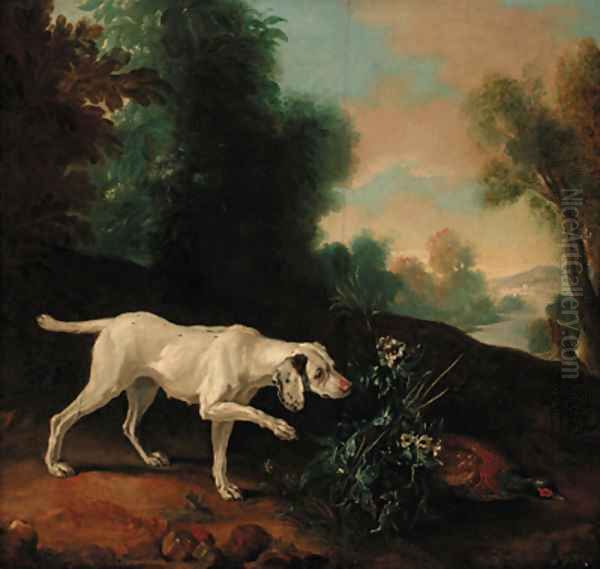 A pointer with a pheasant in a landscape - view 1