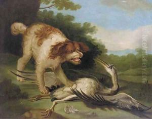 A spaniel attacking a crane by Jean-Baptiste Oudry