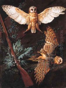 Dead barn owls and a shotgun on a bank by Jean-Baptiste Oudry