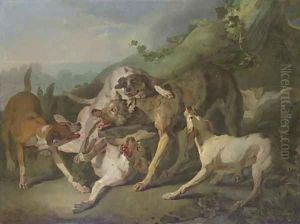 Dogs attacking a wolf in a landscape by Jean-Baptiste Oudry