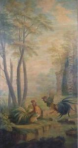 Two fighting cocks by a pond in a park landscape by Jean-Baptiste Oudry