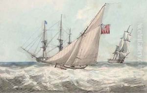 A cutter working up to the frigate at anchor (illustrated) by Samuel Owen