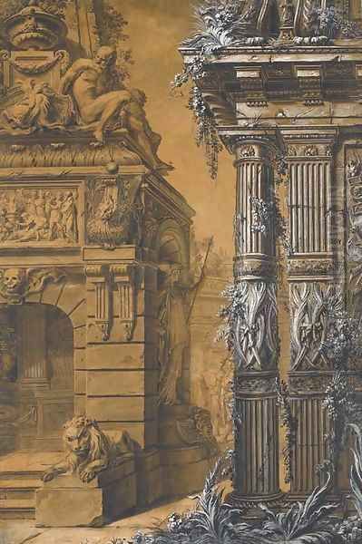 The entrance to a sepulchre with a columned building in the right, two figures in a courtyard in the background - view 1