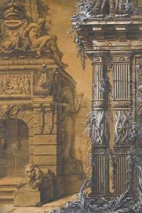 The entrance to a sepulchre with a columned building in the right, two figures in a courtyard in the background by Gilles-Marie Oppenord