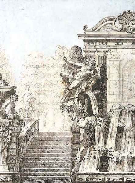 A design for a fountain beside a staircase, a park in the background - view 1