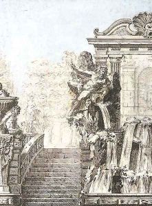 A design for a fountain beside a staircase, a park in the background by Gilles-Marie Oppenord