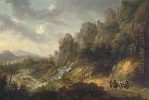 An extensive, rocky landscape with travellers on a path near a waterfall by Josef Orient