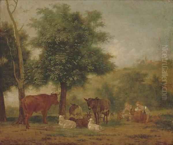 A young couple resting under a tree with animal companions - view 1