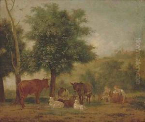 A young couple resting under a tree with animal companions by Pieter Gerardus Van Os